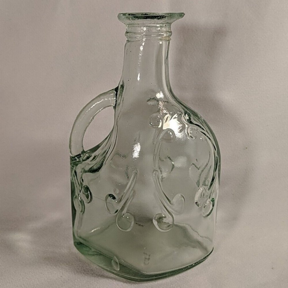 Vintage Canada Clear Green Glass Cherry Water Jug Pitcher Embossed Blown Handle
